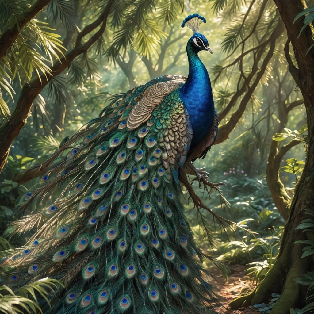 Majestic Peacock Displaying Vibrant Plumage in Forest