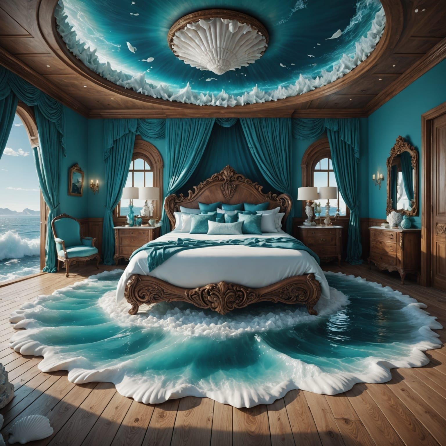 A surreal fantasy interior scene that merges a luxurious bed...