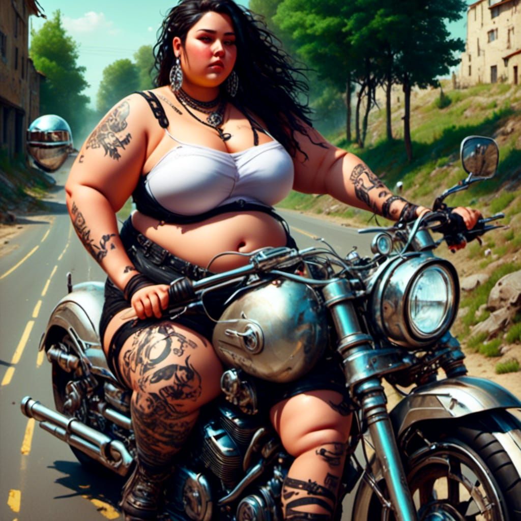Plus-Size Woman on Motorcycle in Hyperrealism Style