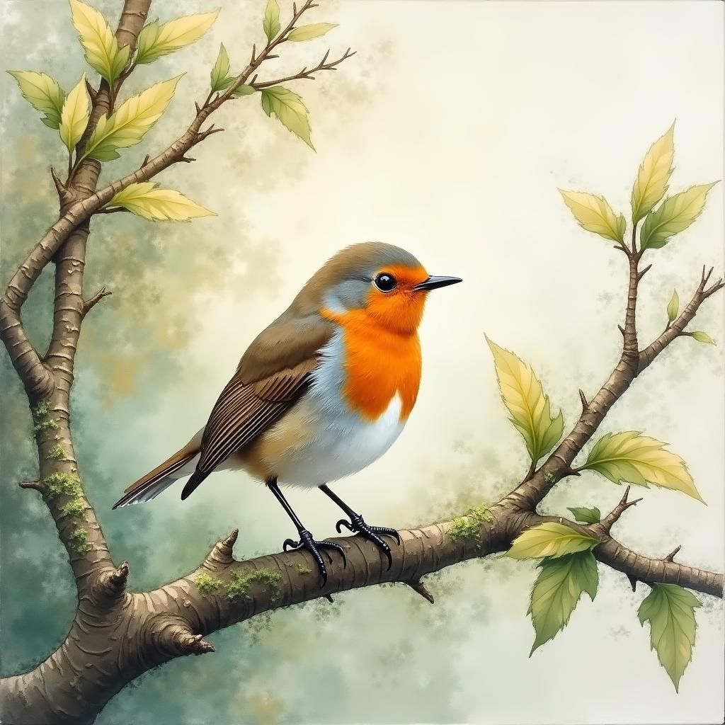 Robin on Branch in Gouache Watercolor Style