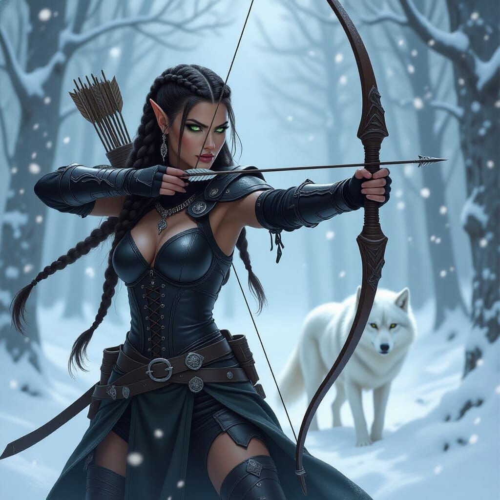Elven Ranger with Wolf Companion in Snowy Forest