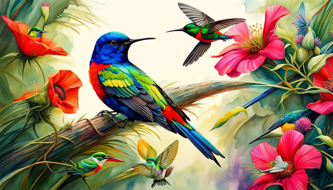 Painted Bunting and Hummingbird in Watercolor Style