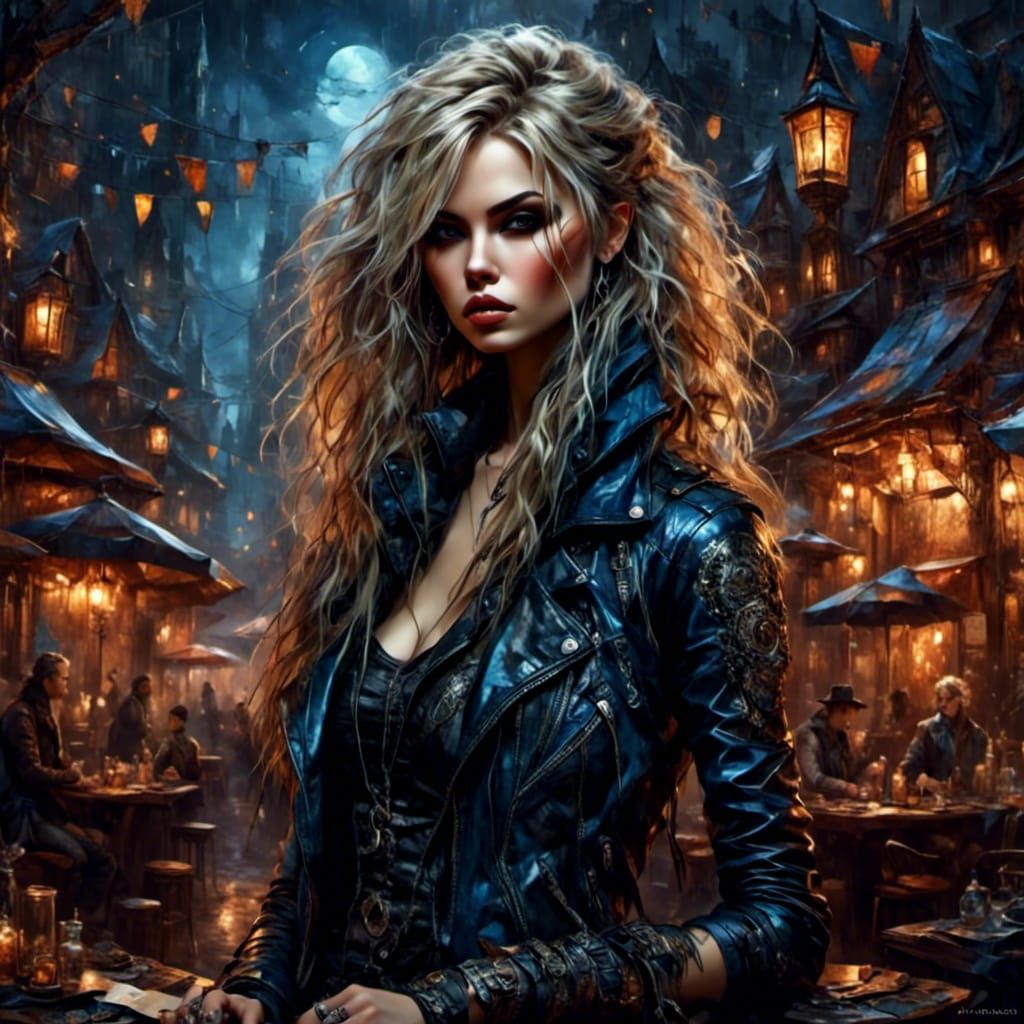 Beautiful woman with long messy blonde hair, leather mini-dress, fishnet stockings, thigh high leather boots, night club...