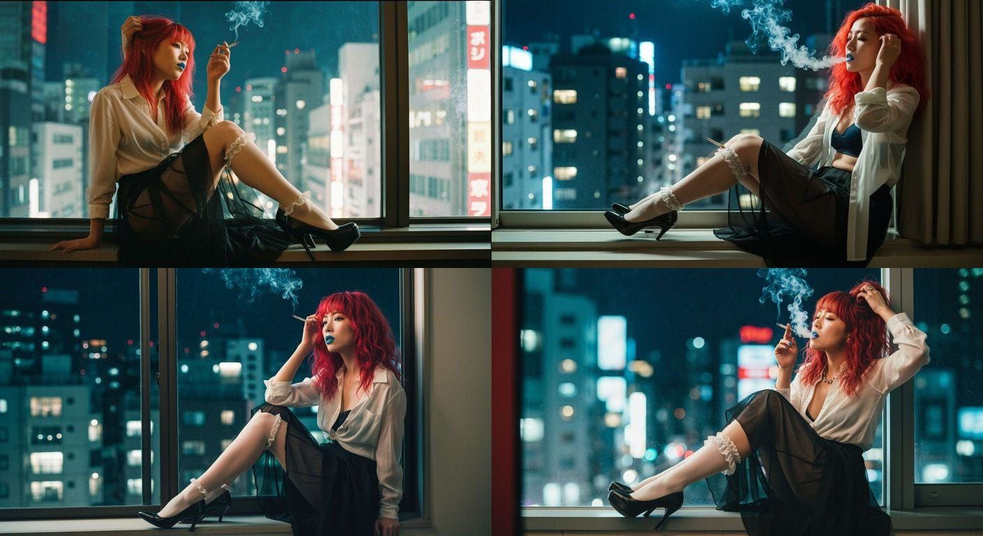 Japanese Woman Smoking with Tokyo Skyline at Night