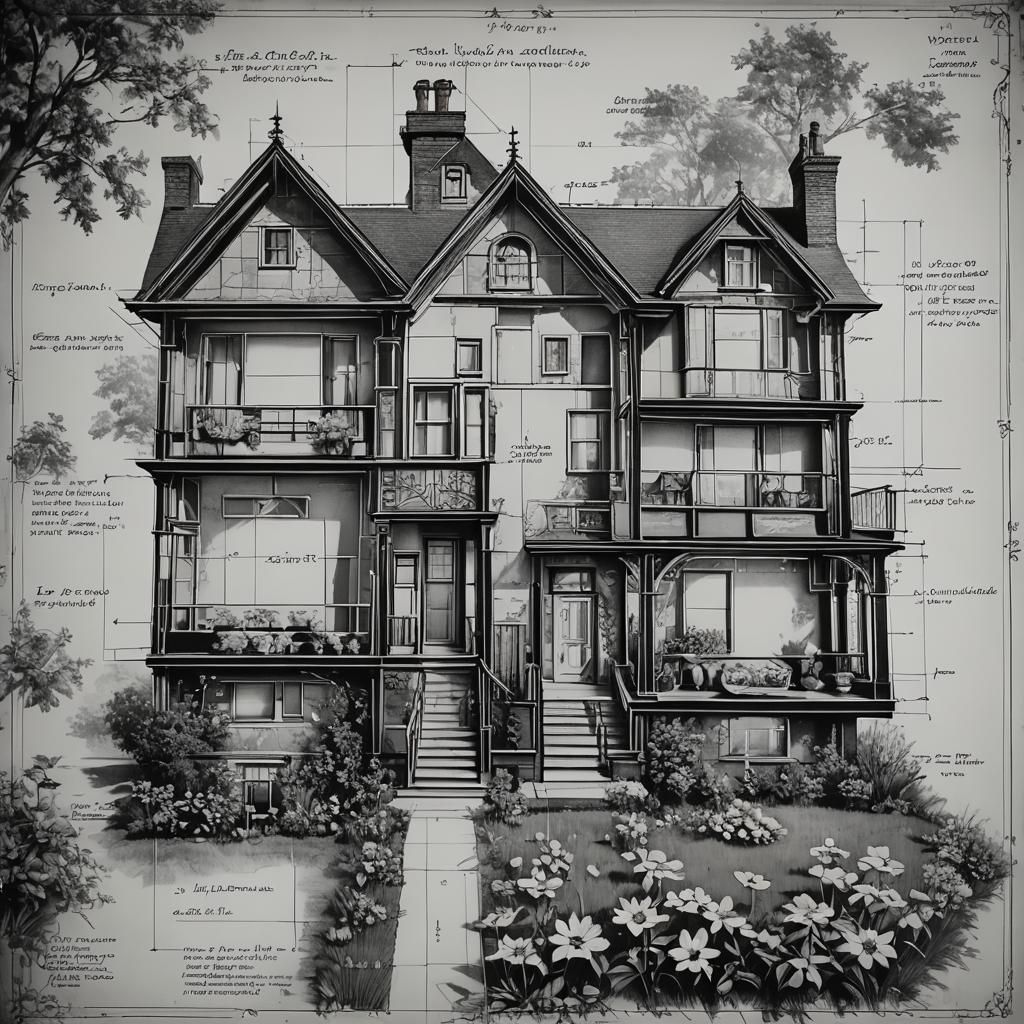 Victorian House Blueprint with Floral Accents