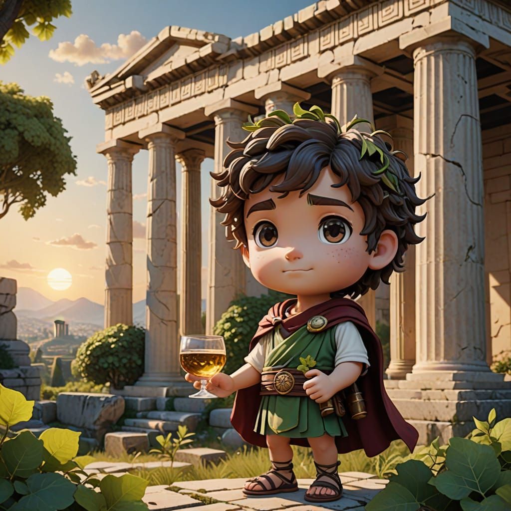 Chibi Bacchus Amidst Ancient Greek Ruins in Vibrant Anime St...