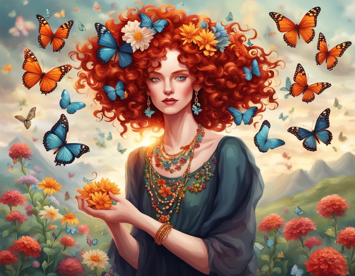 Redhead Dancing with Butterflies in Nature