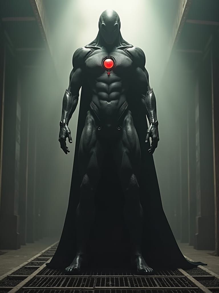 Imposing Faceless Guardian with Red Core in Dark Futurism