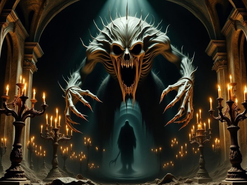 Cadaverous Entity in Crumbling Chamber, Inspired by Dystopia...