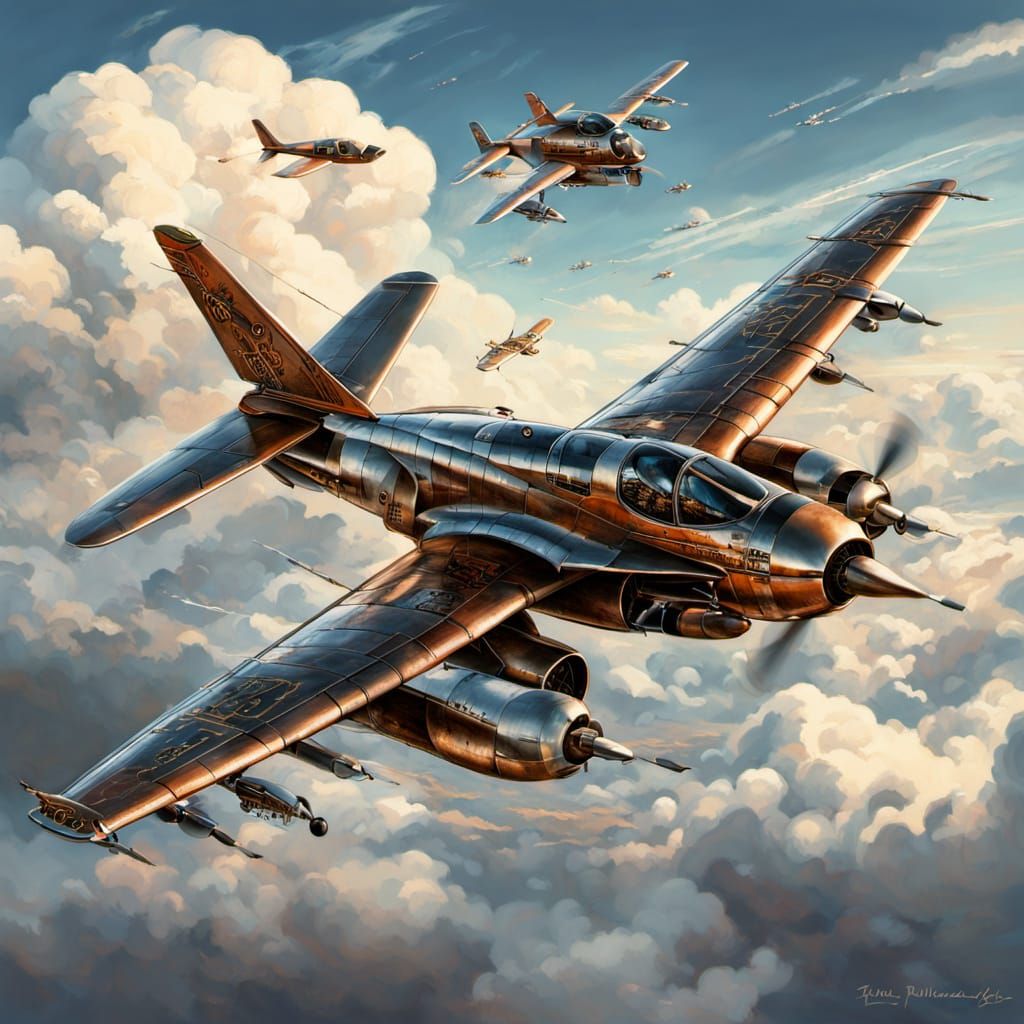 Steampunk F-16 Jet Soars in a Cloudy Loop