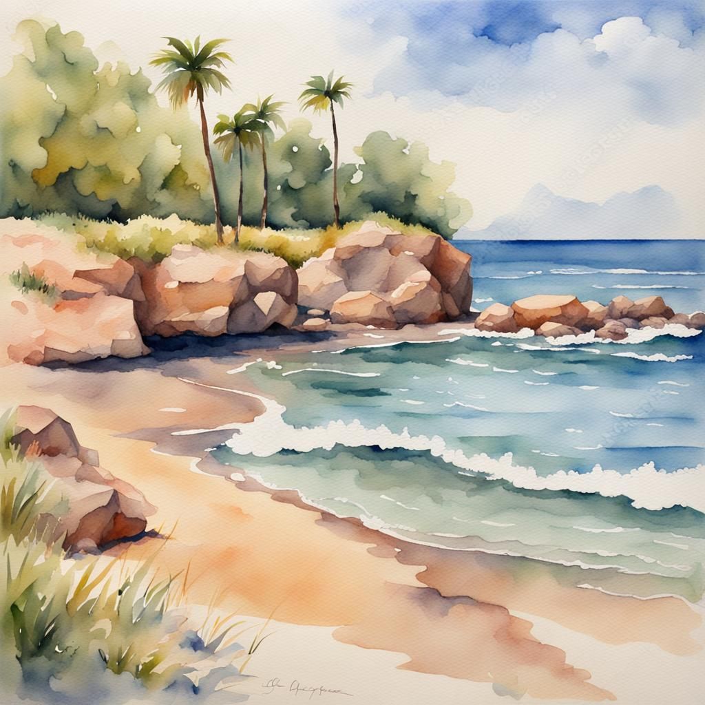 Watercolor Beach Gouache Painting