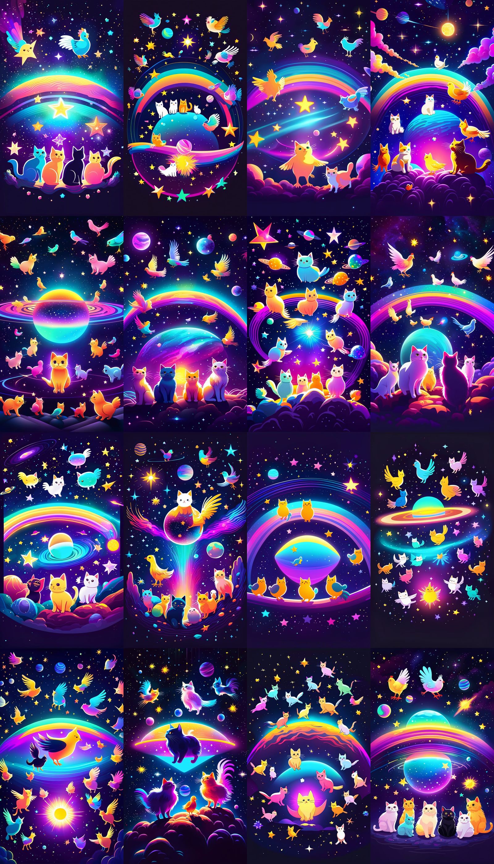 Cats and Chickens Floating in Neon Glitchcore Space