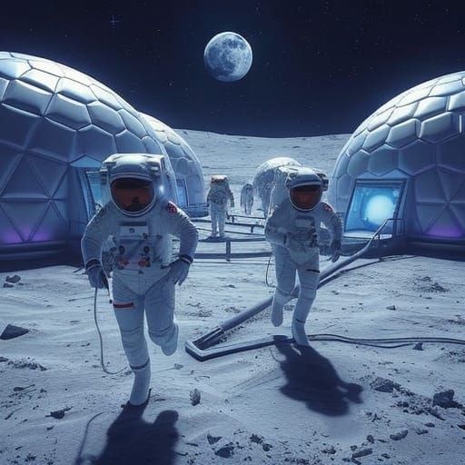Astronauts on Lunar Base with Neon Circuitry