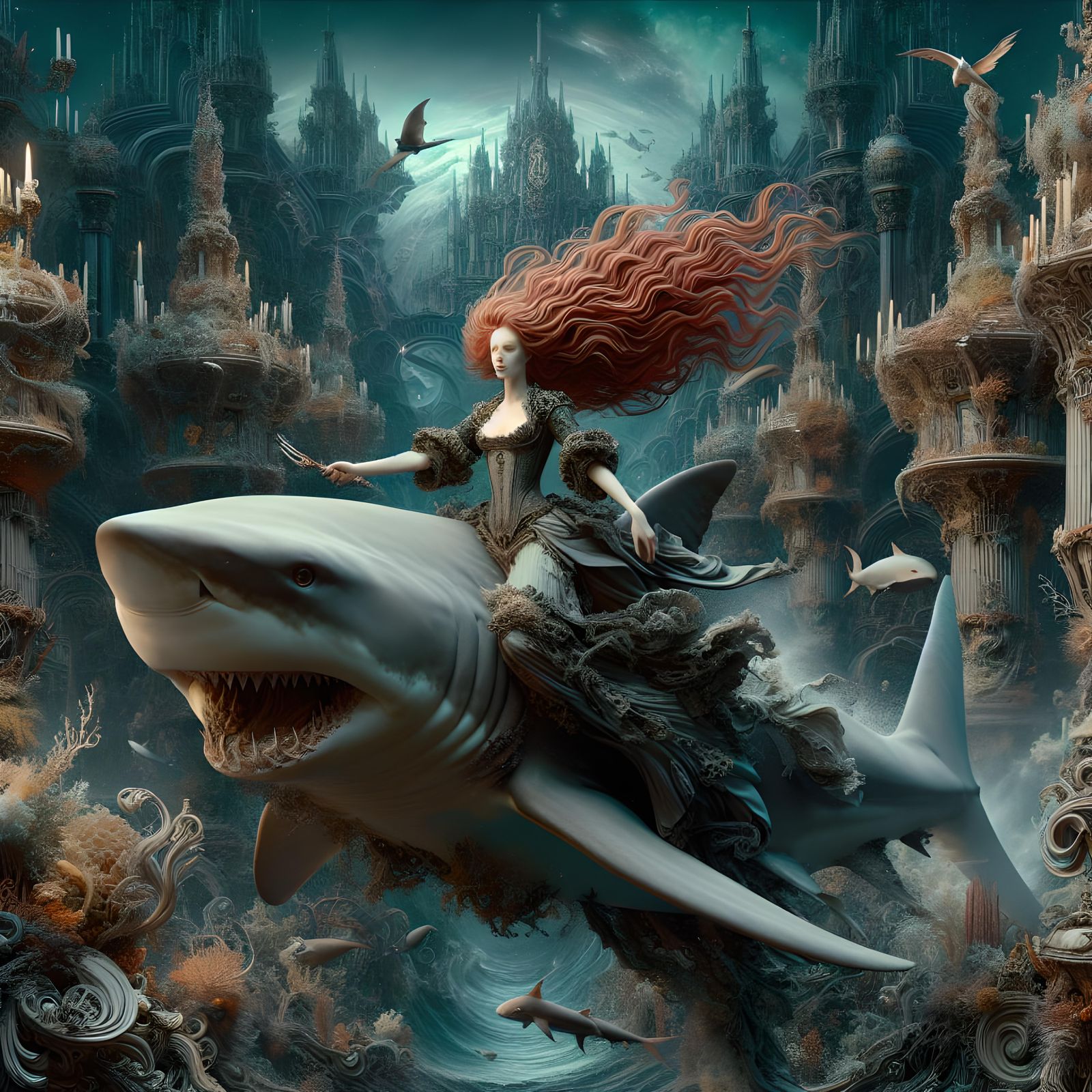 Caucasian Woman Rides Shark in Rococo Atlantis