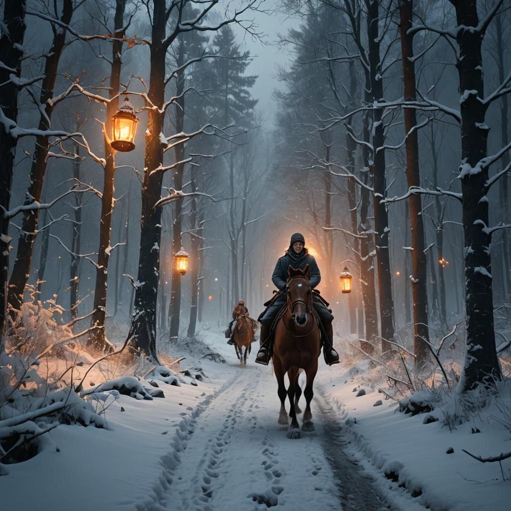 Snowy Forest Horse Ride in Matte Painting Style
