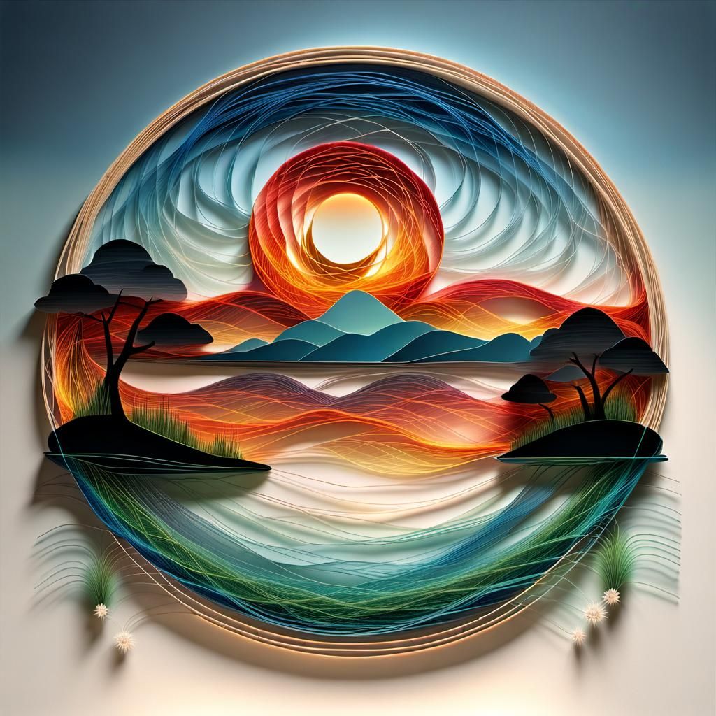 Vibrant String Art Sunset Over Serene Lake