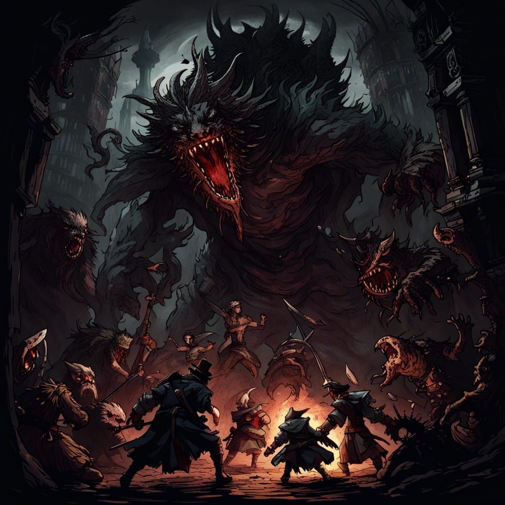 Fantasy Adventurers Battle Monster in Darkest Dungeon Style