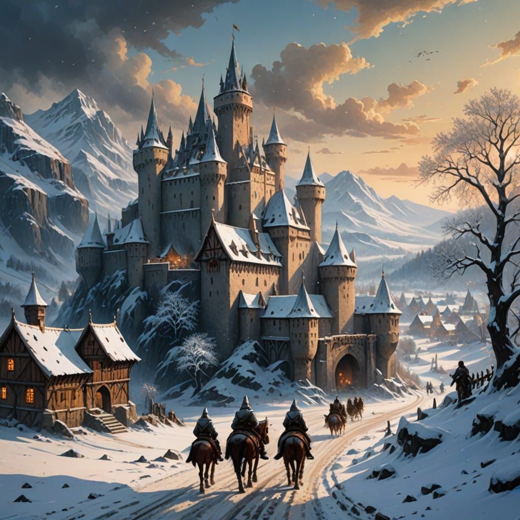 Medieval Fantasy Castle in Snowy Winter Wonderland