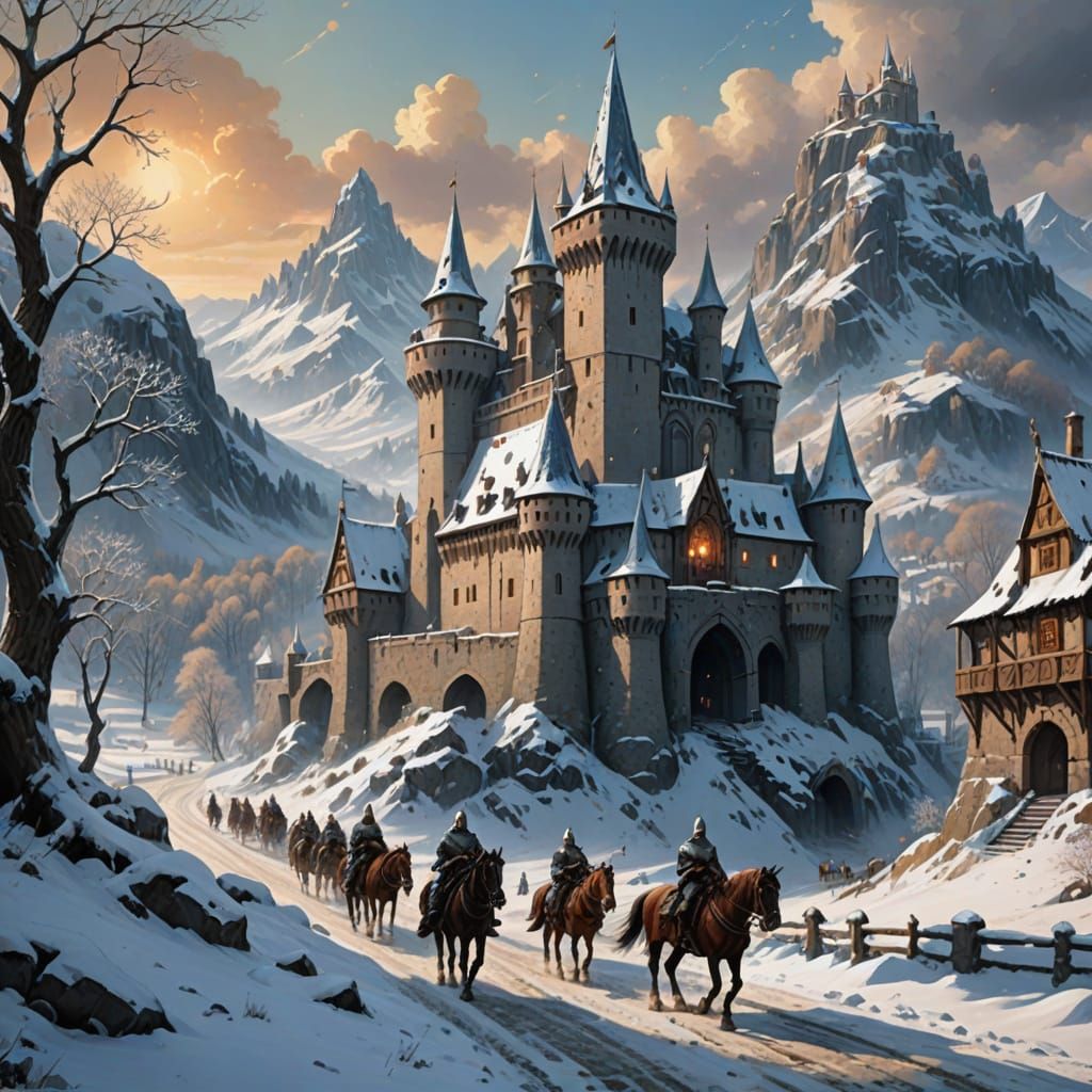 Medieval Winter Wonderland in Oil Painting