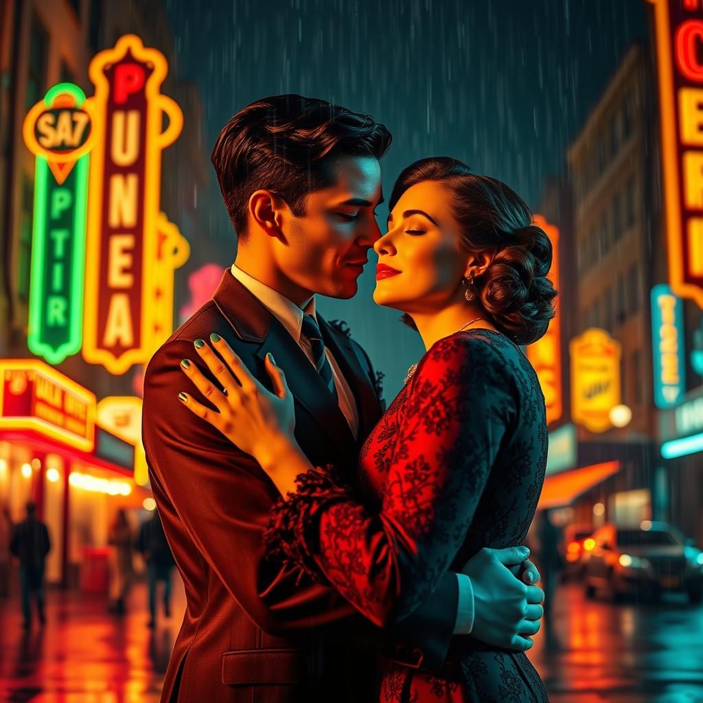 Vintage Cityscape Couple Embrace in Neon Rain