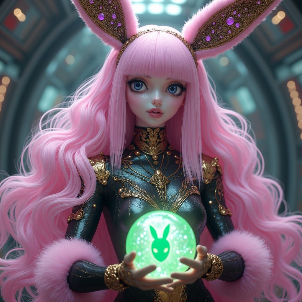 Retrofuturistic Bunny Alien in Spaceship: 3D Anime Art