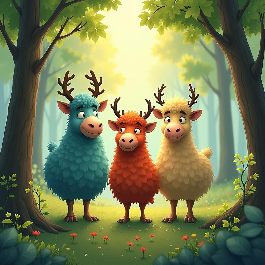 Whimsical Forest Scene with Colorful Elms, Digital Painting