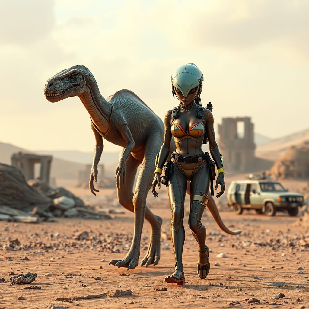 Futuristic Dinosaur Alien and Space Woman Walk on Barren Ali...