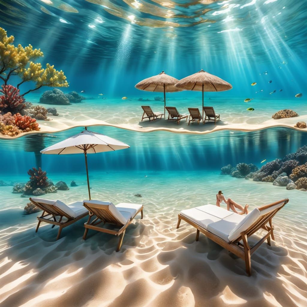 Hyperrealistic Underwater Beach Scene with Sunbathers