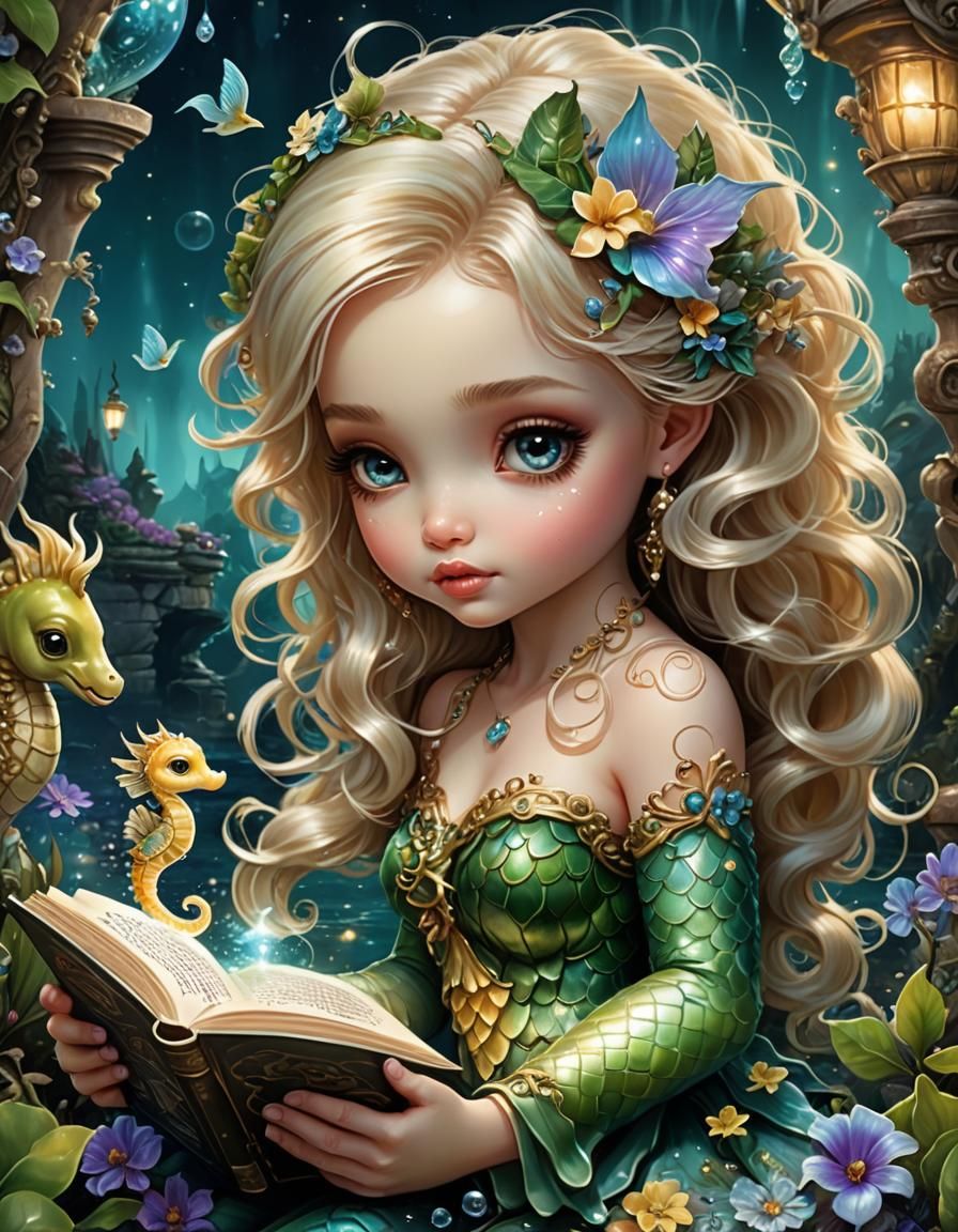 Enchanting Mermaid Reads in Magical Garden Scene