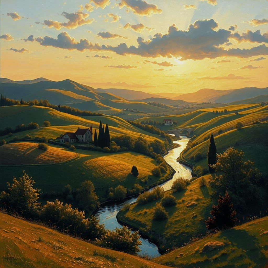 Impressionist Countryside Scene at Sunset