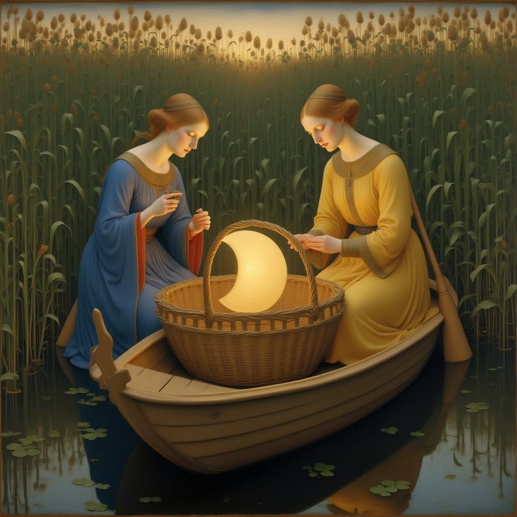 Medieval Priestesses Navigate Boat With Glowing Moon
