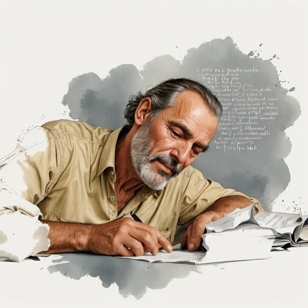 Hyperrealistic Writer Surrounded by Floating Ideas