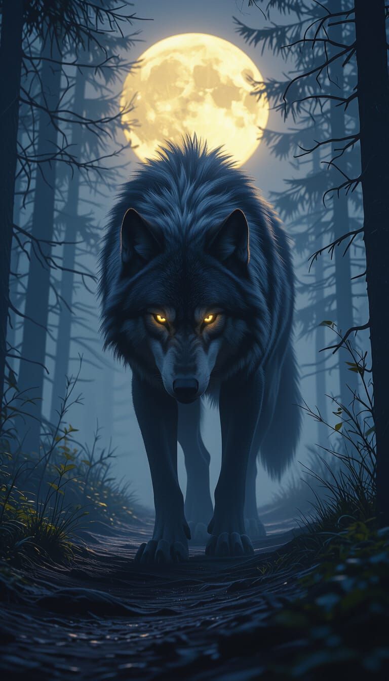Massive Wolf in Misty Forest Moonlight, Dark Fantasy Art