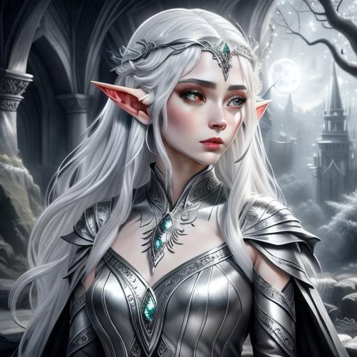 Monochrome Silver Elf Portrait in Watercolor Style