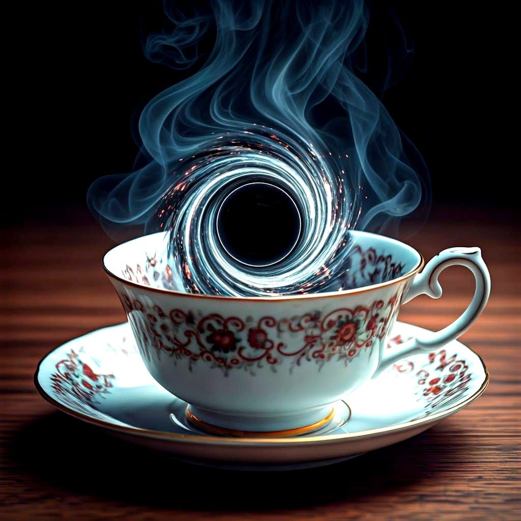 Black Hole Swirling in a Teacup: Hyperrealistic Image