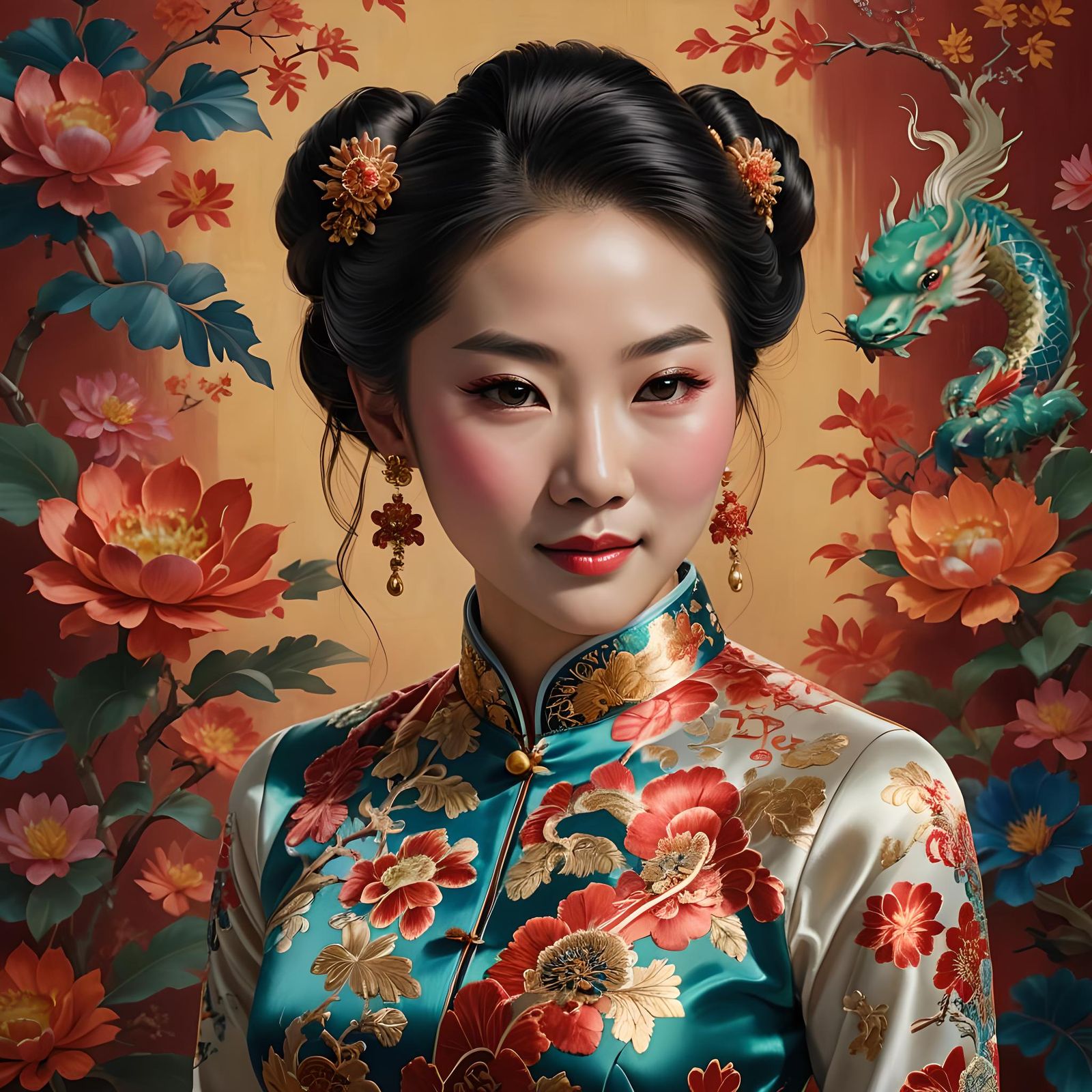 Beautiful Chinese Lady in Cheongsam: Hyperrealistic Portrait