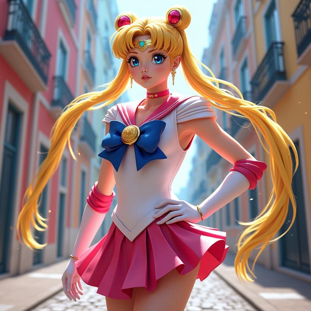Sailor Moon Empowered in Vibrant Lisbon Cityscape