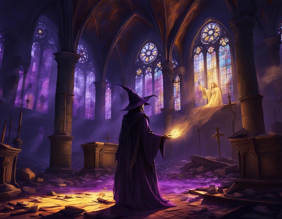 Witch Summons Magic in Abandoned Church, Art Nouveau