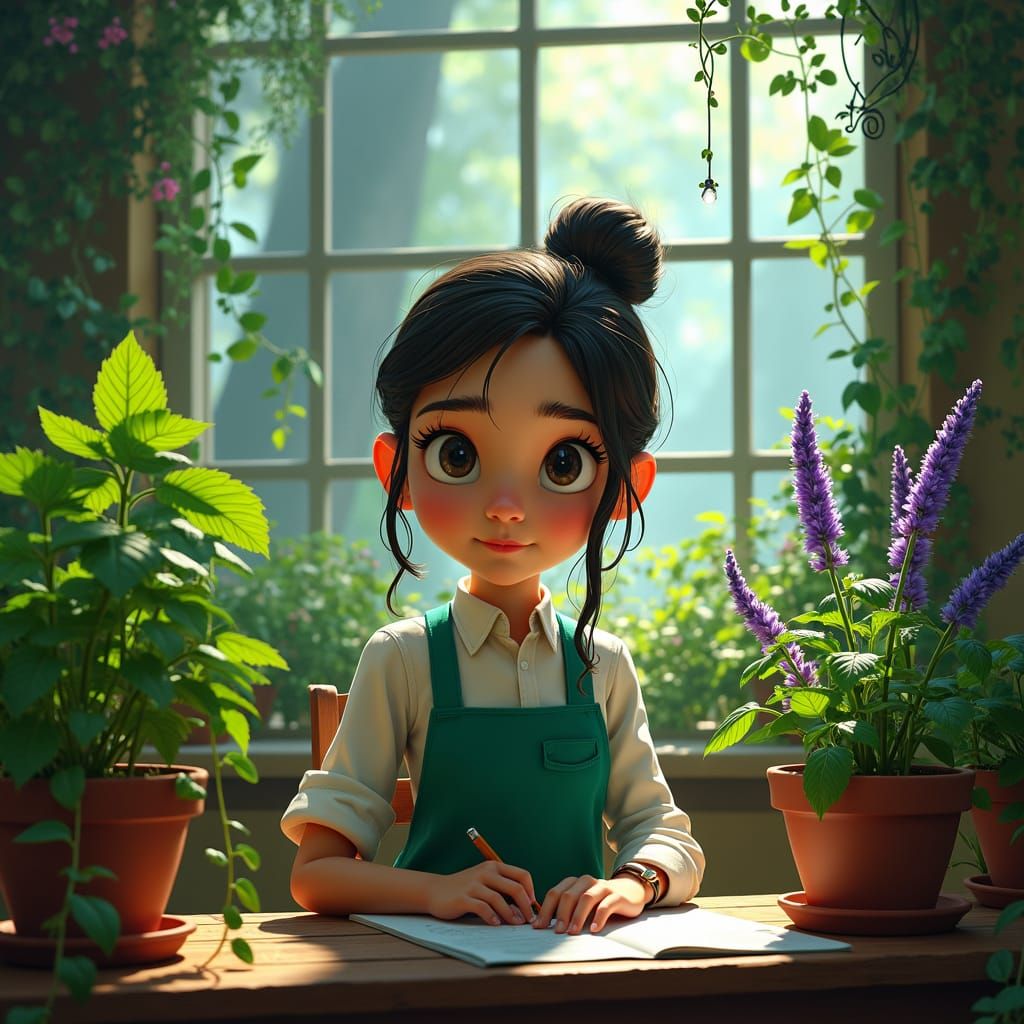 Enchanted Classroom: Teacher Surrounded by Lush Herbs