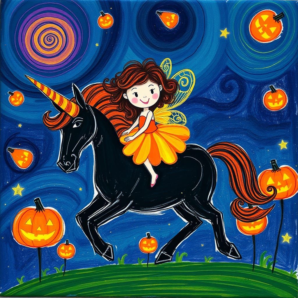 Crude child-like drawing jack o lantern fairy riding a ( black unicorn with a candy corn horn )on Halloween night don...