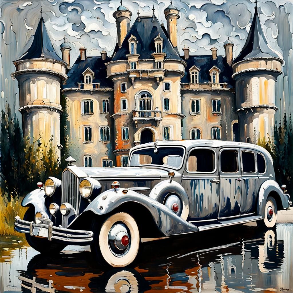 Luxury Limousine at Fantasy Castle as Impasto Painting