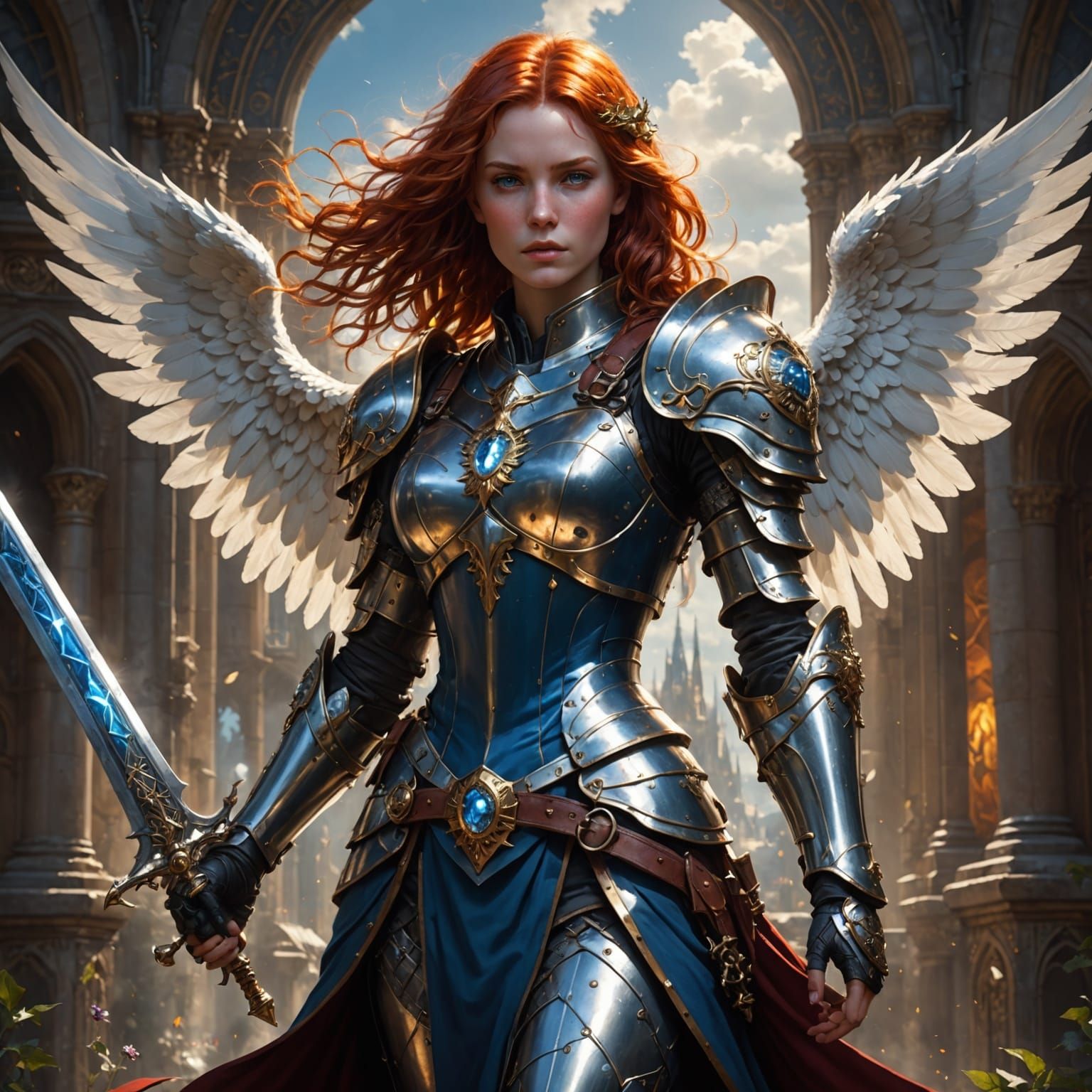 Red Hair Female Angel in Blue armor 3