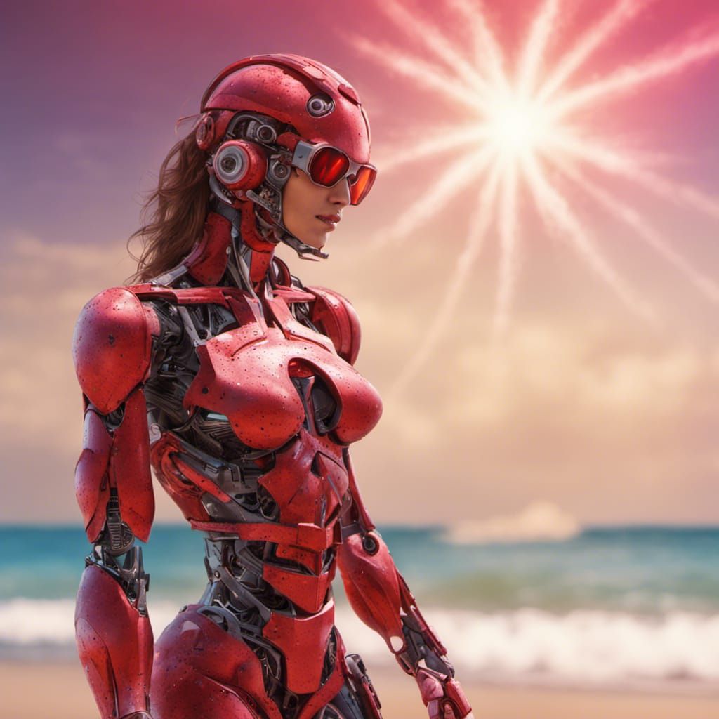 Cyborg Woman on Beach in Cyberpunk Style