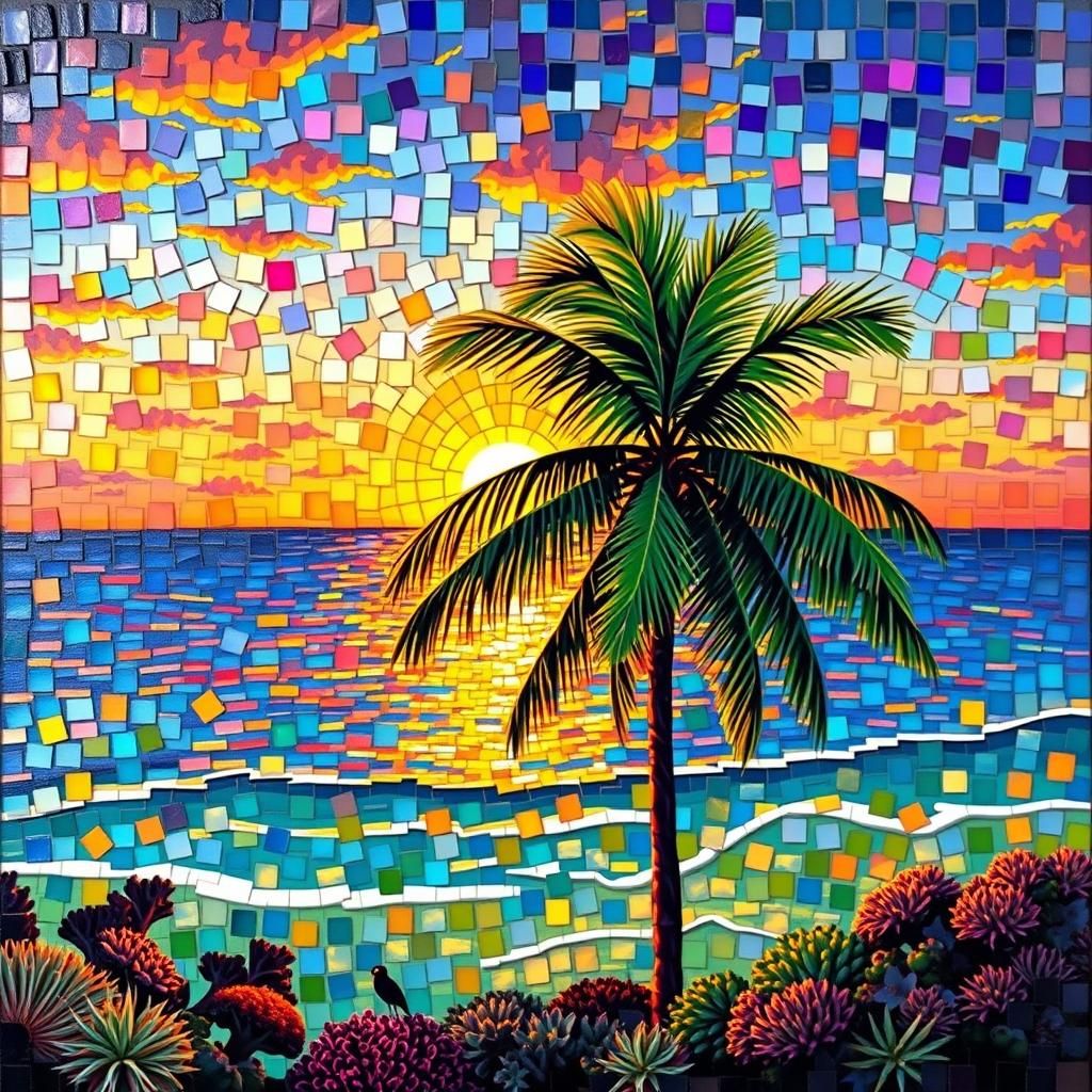 Palm Tree Sunset Mosaic Artwork