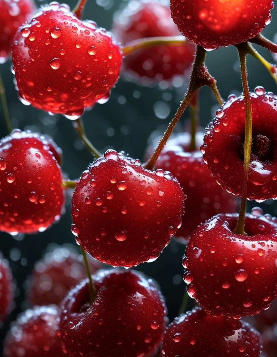Translucent Cherry Dewdrops: Macro Detailed Digital Painting