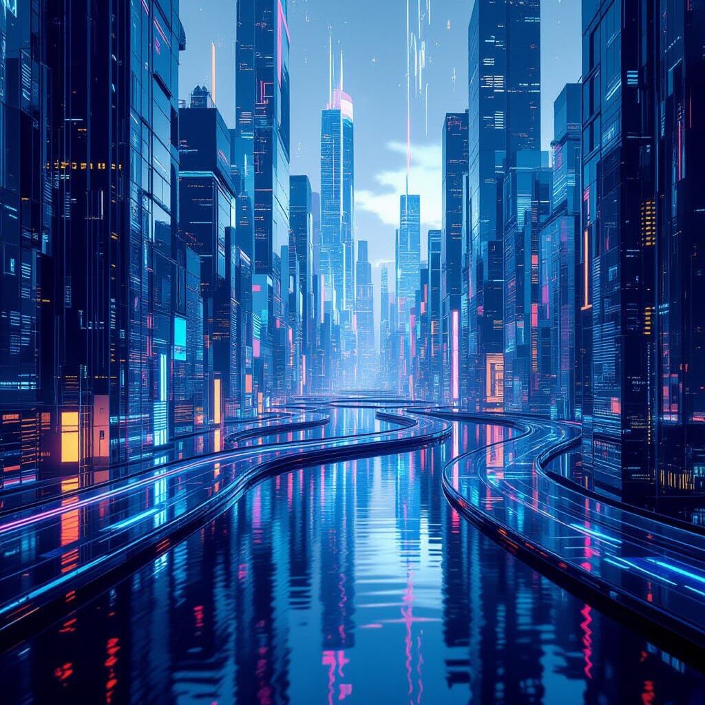 Futuristic Liquid Cityscape with Neon Reflections