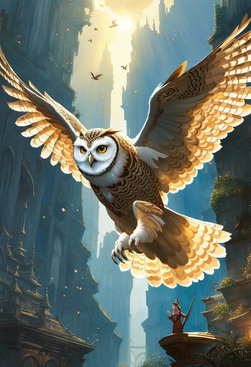 Elegant Owl in Flight: Hyper-Detailed Fantasy Art