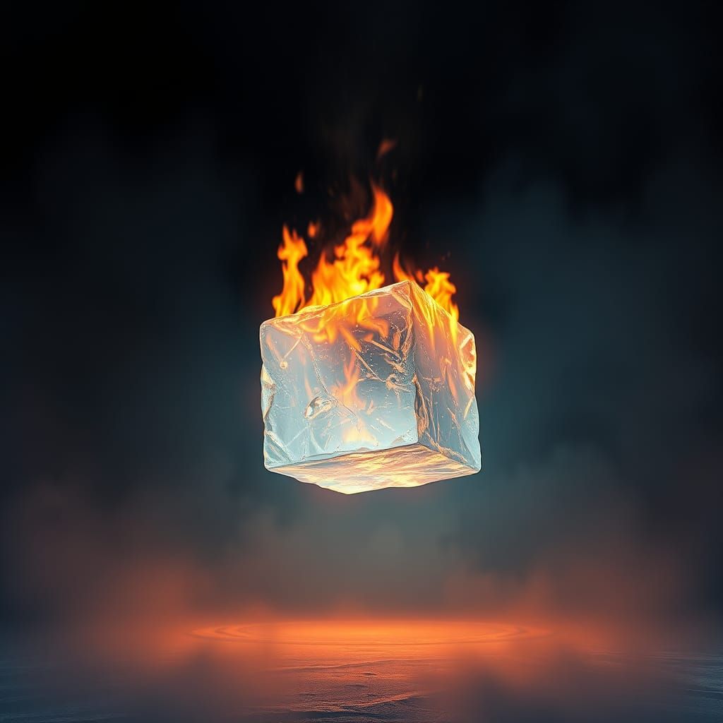 Burning Ice Cube in Surreal Dreamscape