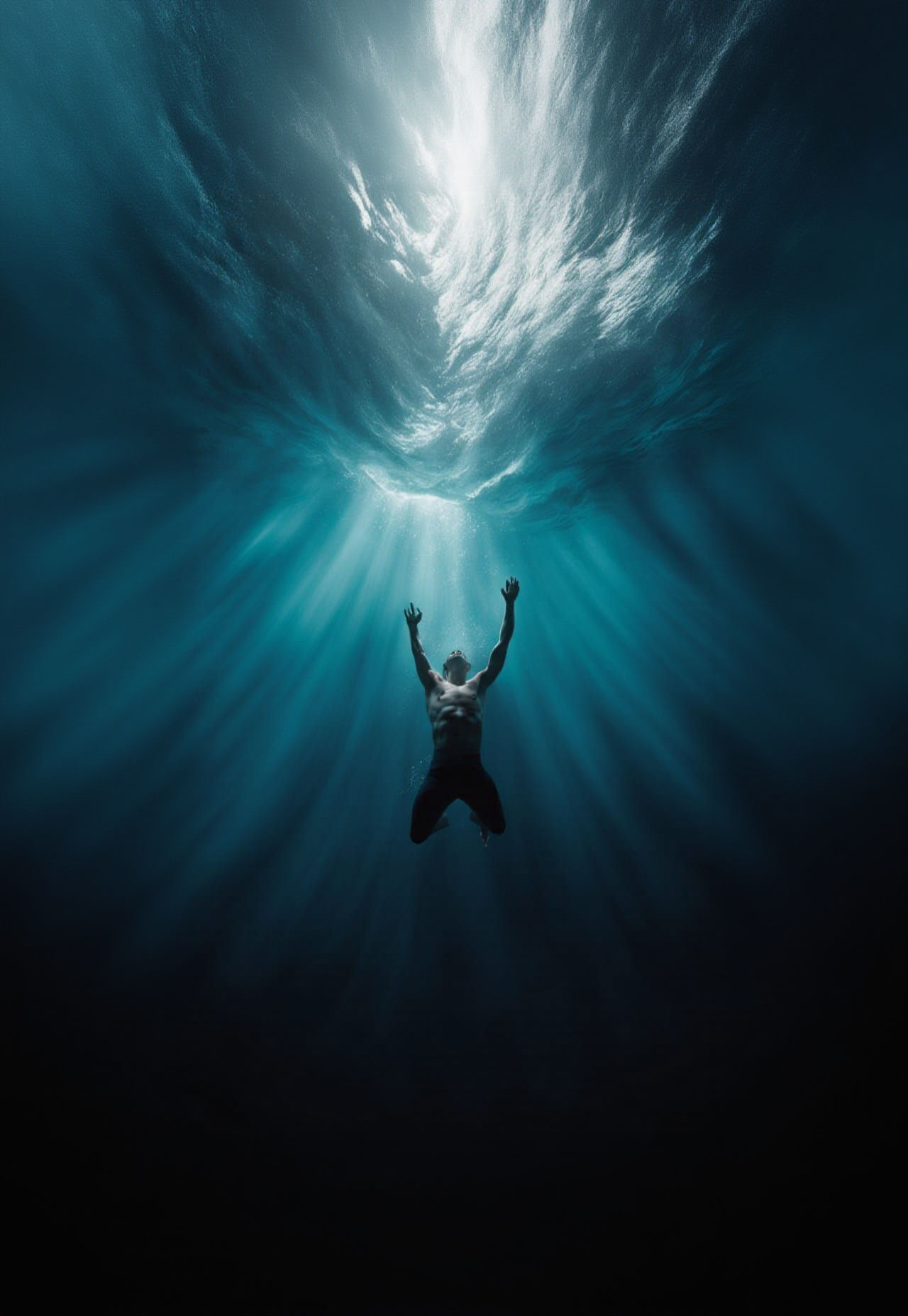 Man Suspended in Stormy Underwater World