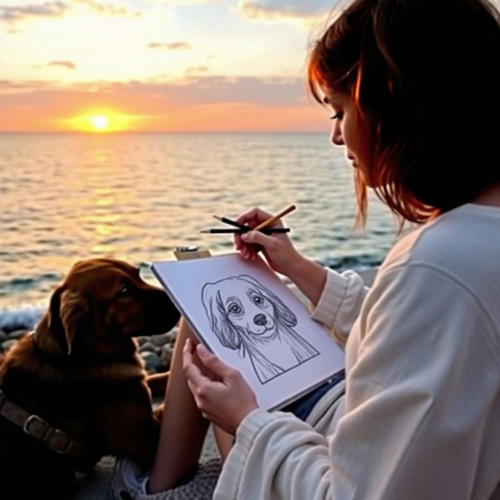 Artist Sketching Sunset with Dog at Seaside